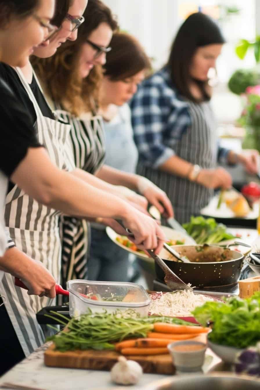 Women cooking together in a bright kitchen, preparing fresh vegetables.