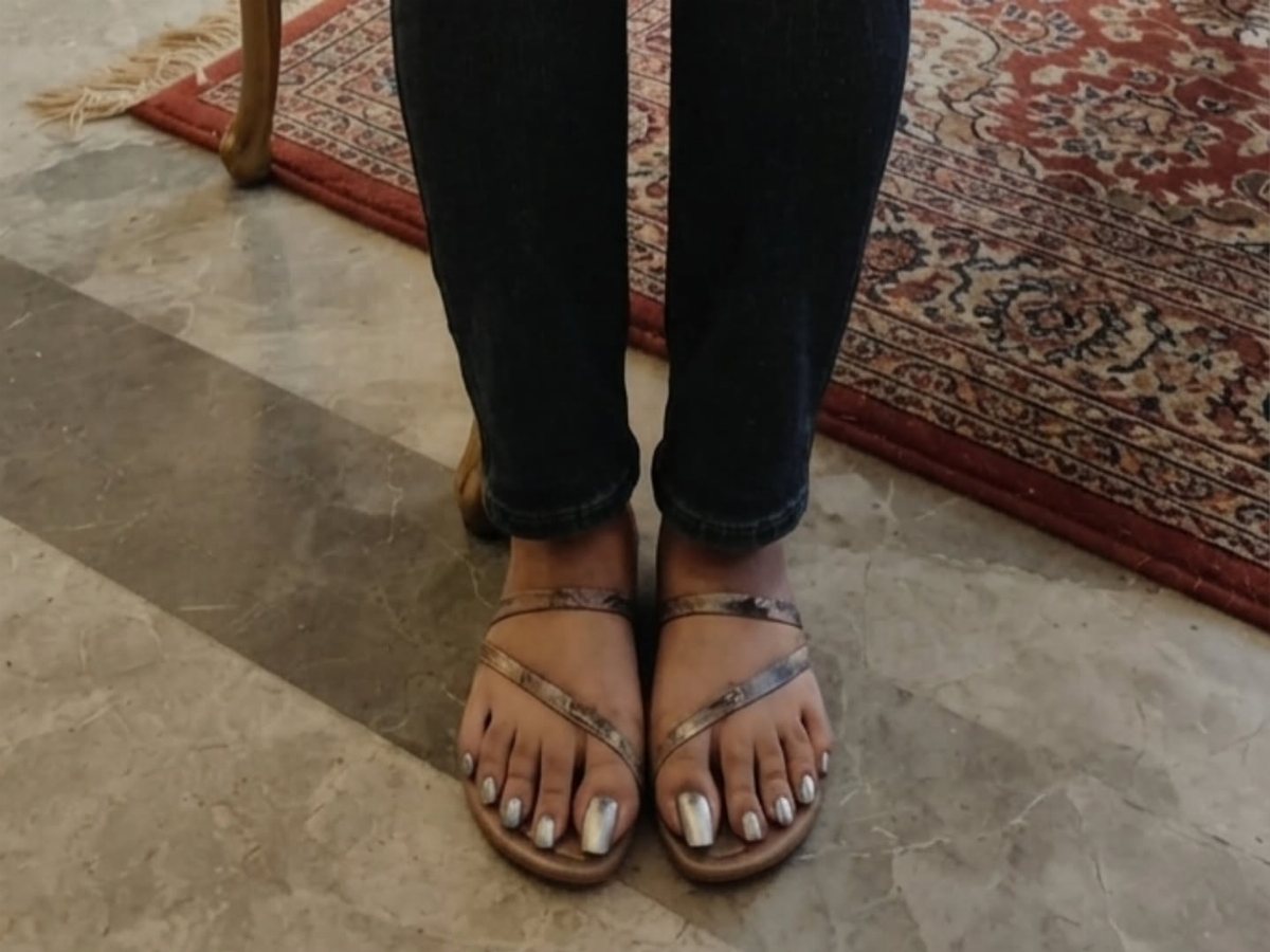 Person wearing brown sandals with metallic silver painted toenails on a marble floor.