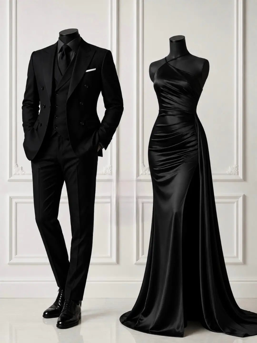 Black formal suit and a long black satin evening gown displayed on mannequins.