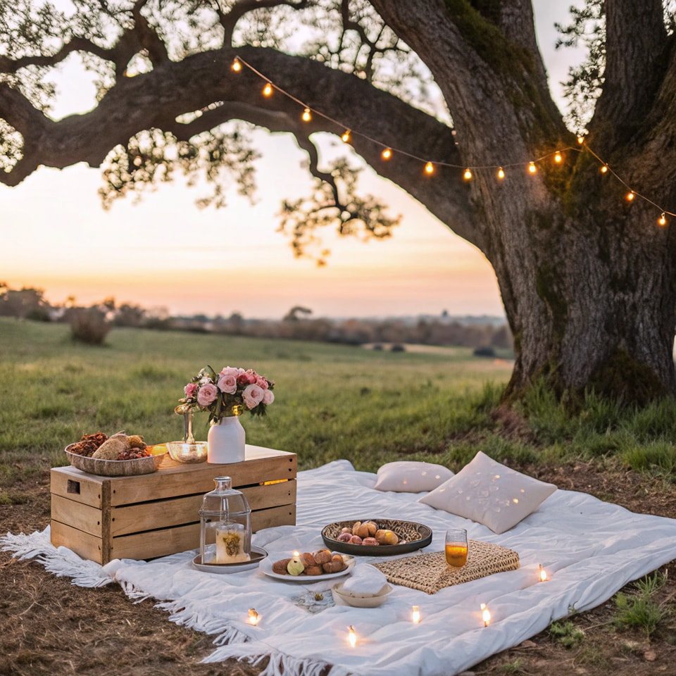 An upscale picnic setup with food, flowers, and pillows on a white blanket under a tree.