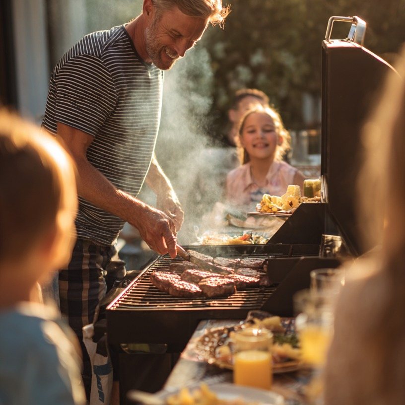A man smiling while grilling meat on an outdoor barbecue with family nearby.