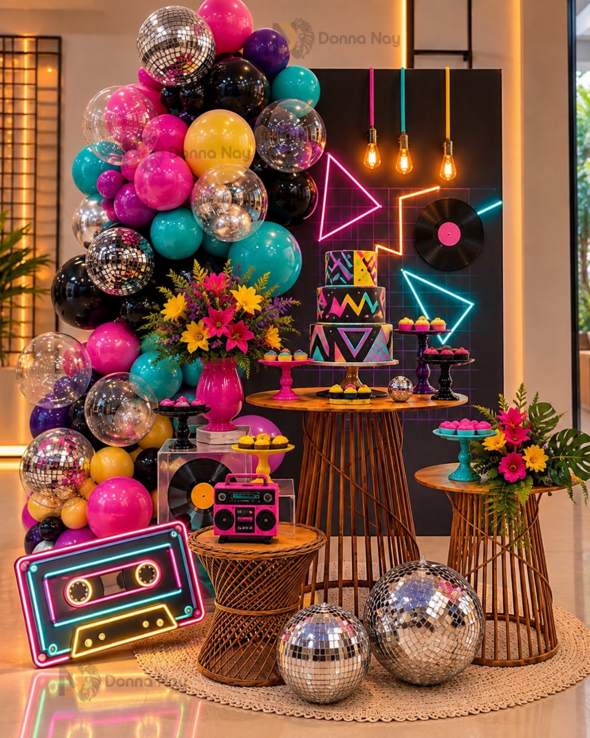 Colorful party decorations with disco balls, neon shapes, and retro cassette tape motifs on pedestals.