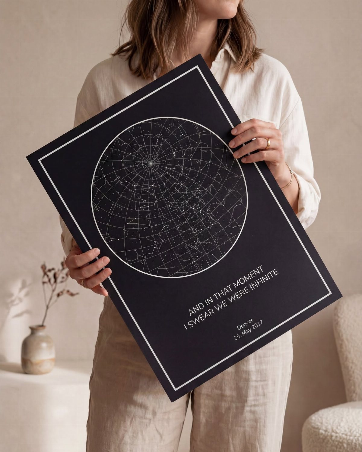 A person holding a large black framed personalized star map poster with white celestial designs.