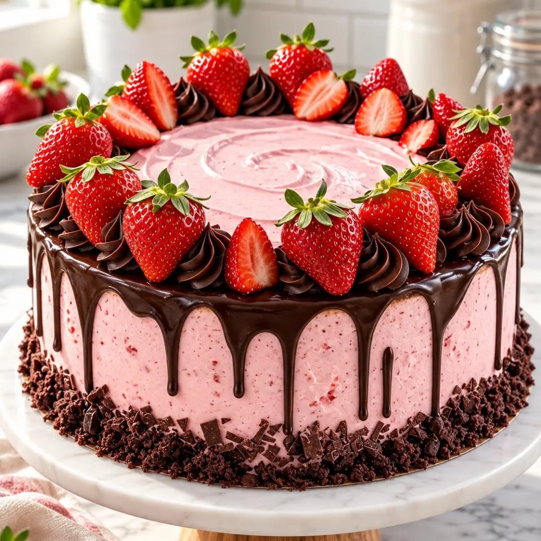 Pink strawberry cake with chocolate drip and fresh strawberries on a marble stand.