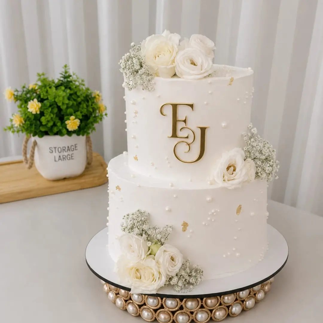 Two-tiered white wedding cake decorated with white roses, pearls, and gold initials on a pearl stand.