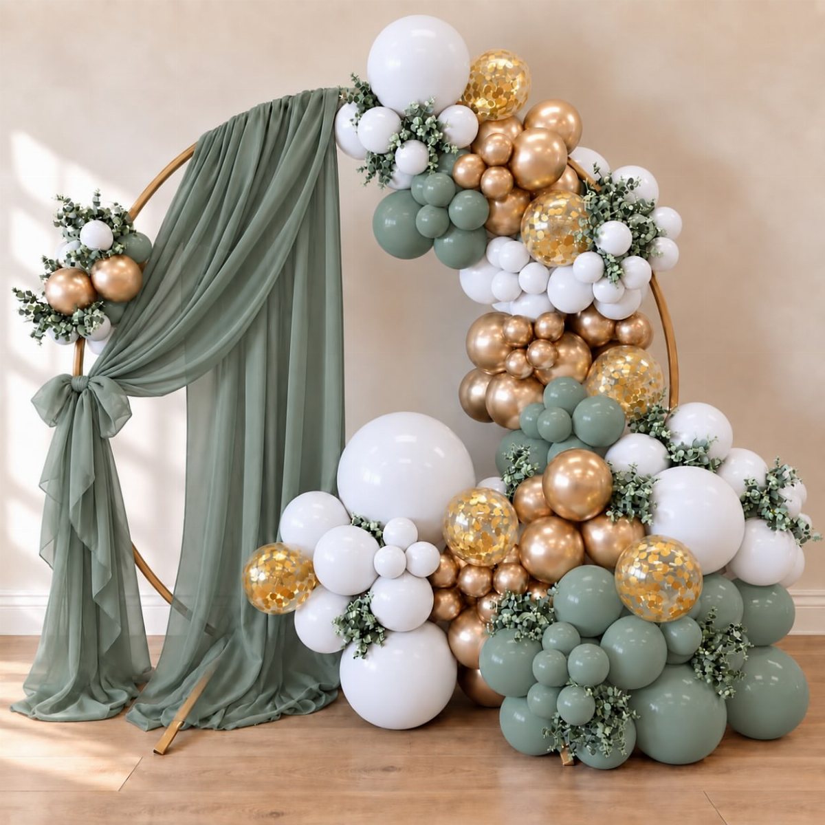 13 Archway for Wedding Ceremony Ideas That Actually Photograph Well 12 A gold circular arch decorated with sage green fabric and white, gold, and green balloons.
