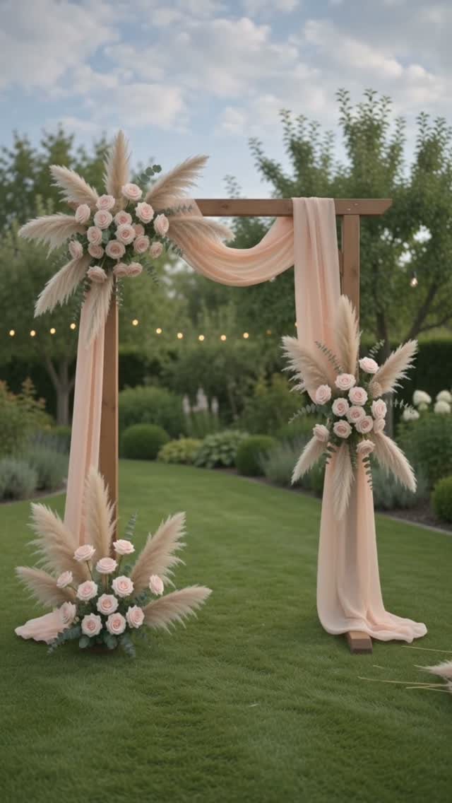 13 Archway for Wedding Ceremony Ideas That Actually Photograph Well 13 Wooden wedding arch decorated with peach fabric, pink roses, and large fluffy pampas grass on a lawn.