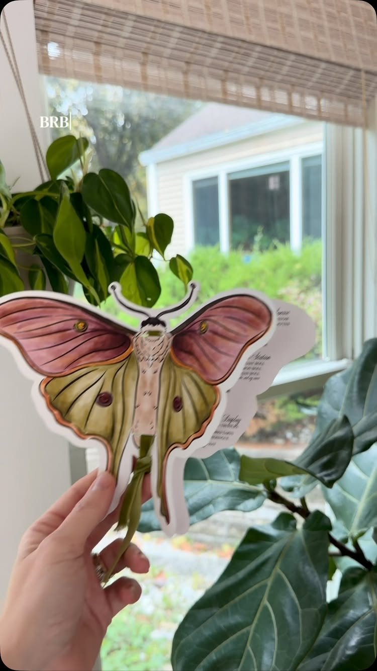 A hand holding a moth-shaped watercolor wedding invitation with pink and green wings.