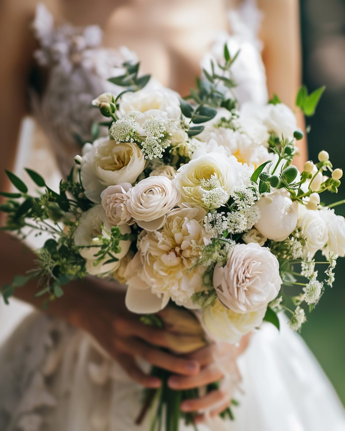 White and cream ranunculus bouquet held by a bride in a lace wedding dress.