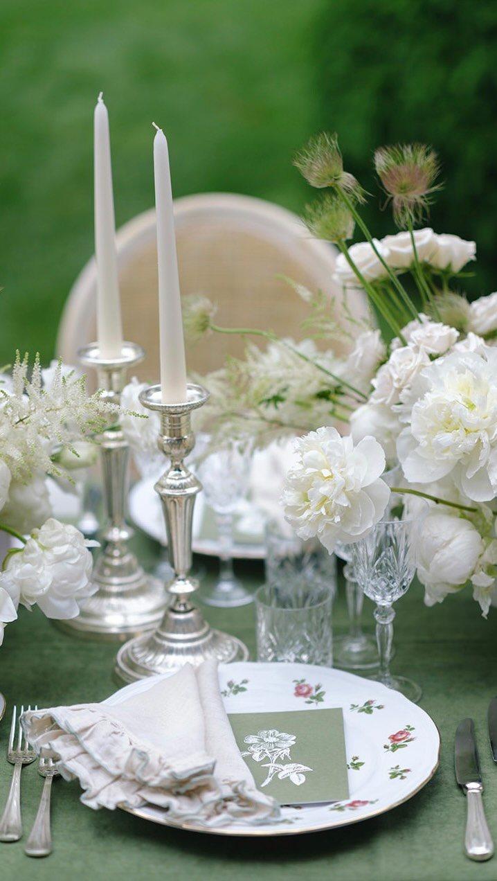 White peonies and taper candles arranged on a green tablecloth with elegant wedding place settings.