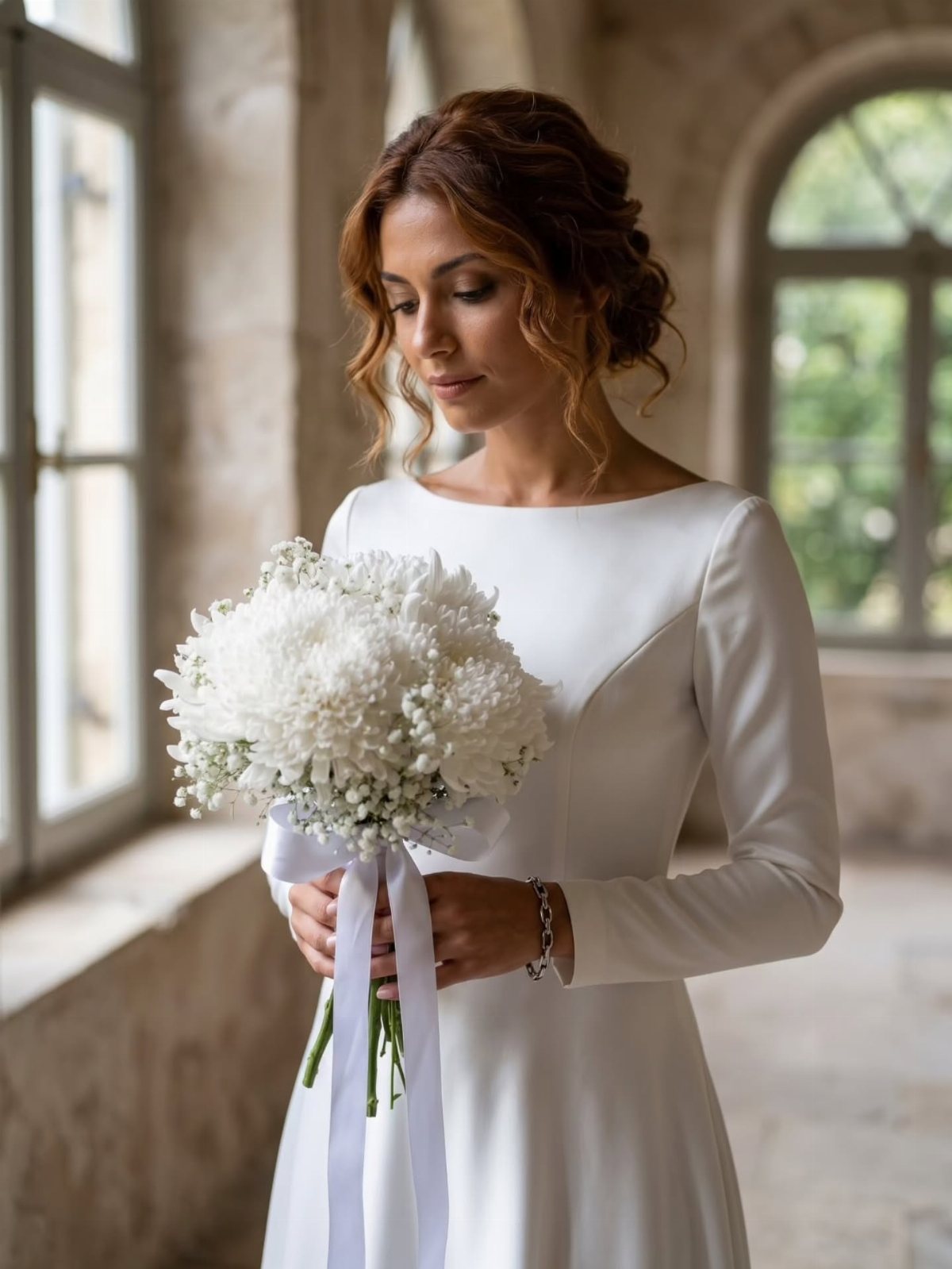 A woman in a white dress holding a small, simple white flower bouquet.