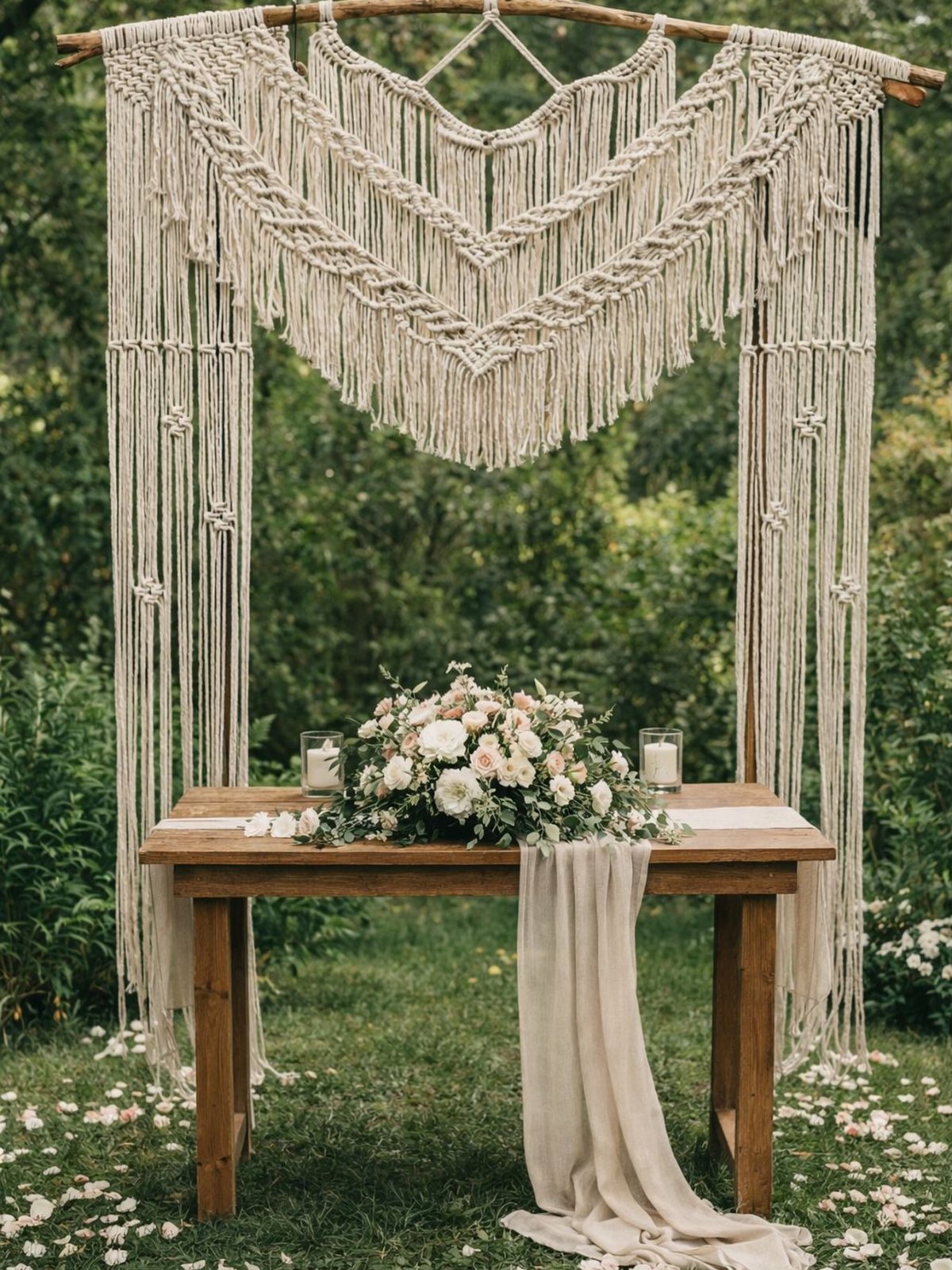 Cream macrame hanging suspended from a wooden branch arch above a floral wedding table.
