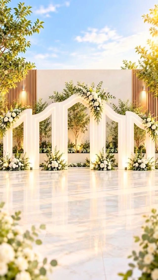 White multi-arched wedding structure decorated with white flowers and greenery on a reflective floor.