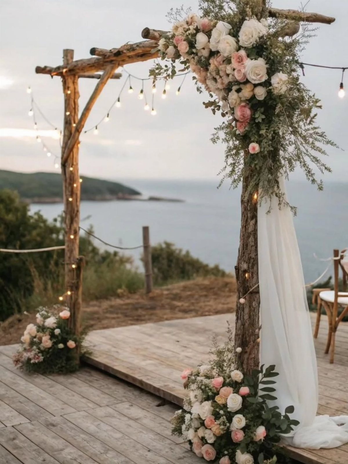 Rustic wooden branch arch decorated with pink roses, greenery, white fabric, and string lights overlooking the ocean.