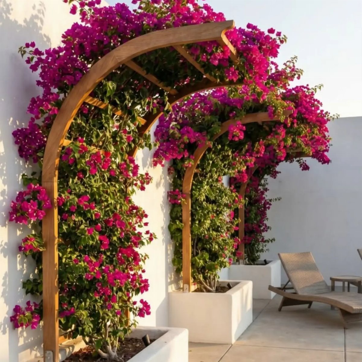 Wooden arched trellises overflowing with bright pink bougainvillea flowers in white planters on a patio.