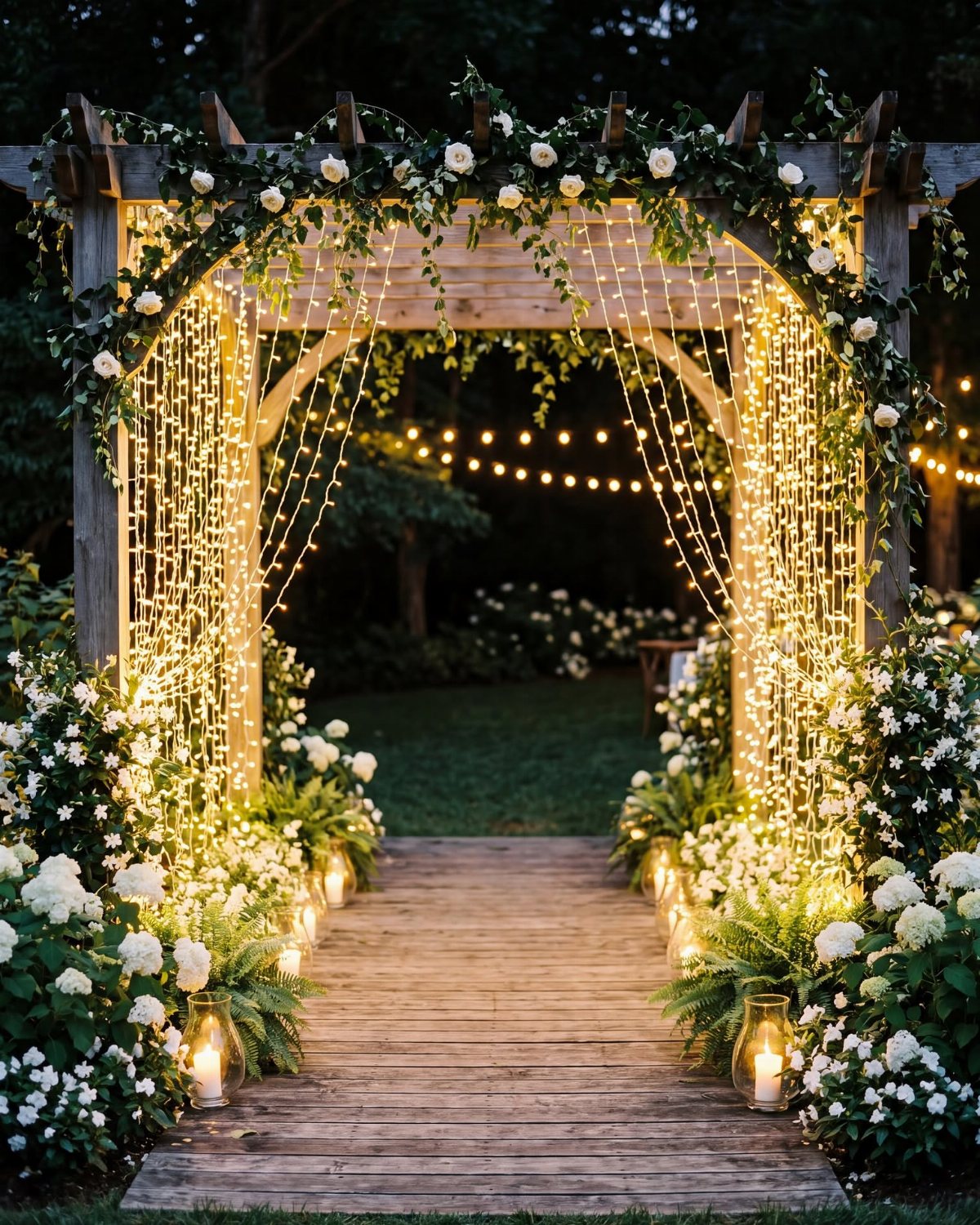 Wooden wedding arch decorated with white roses, greenery, and cascading warm twinkle lights over a wooden path.