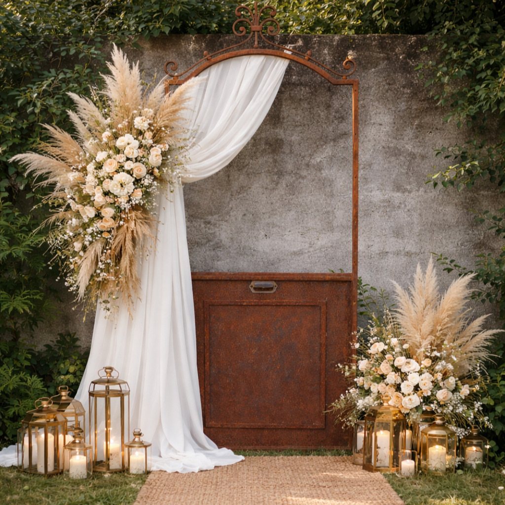 A rusted metal door frame decorated with white fabric, cream flowers, and pampas grass.