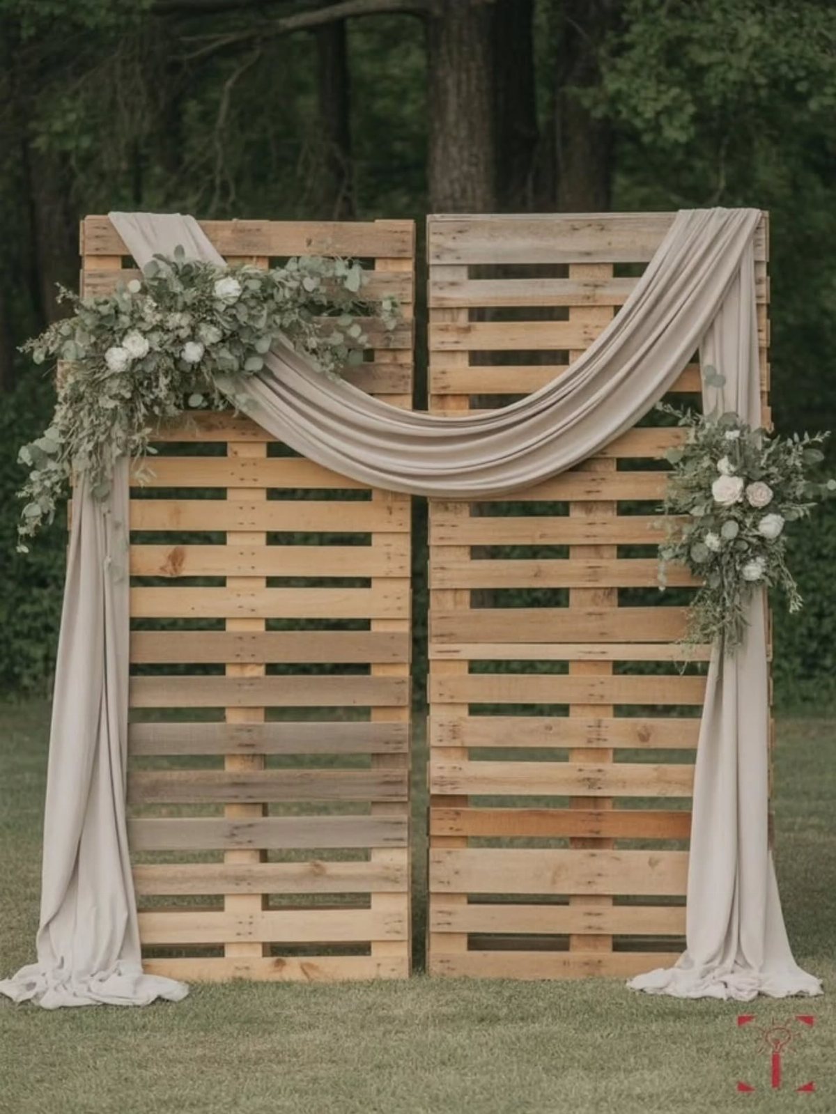 Wooden pallet wedding arch decorated with draped beige fabric and white floral arrangements in a forest setting.