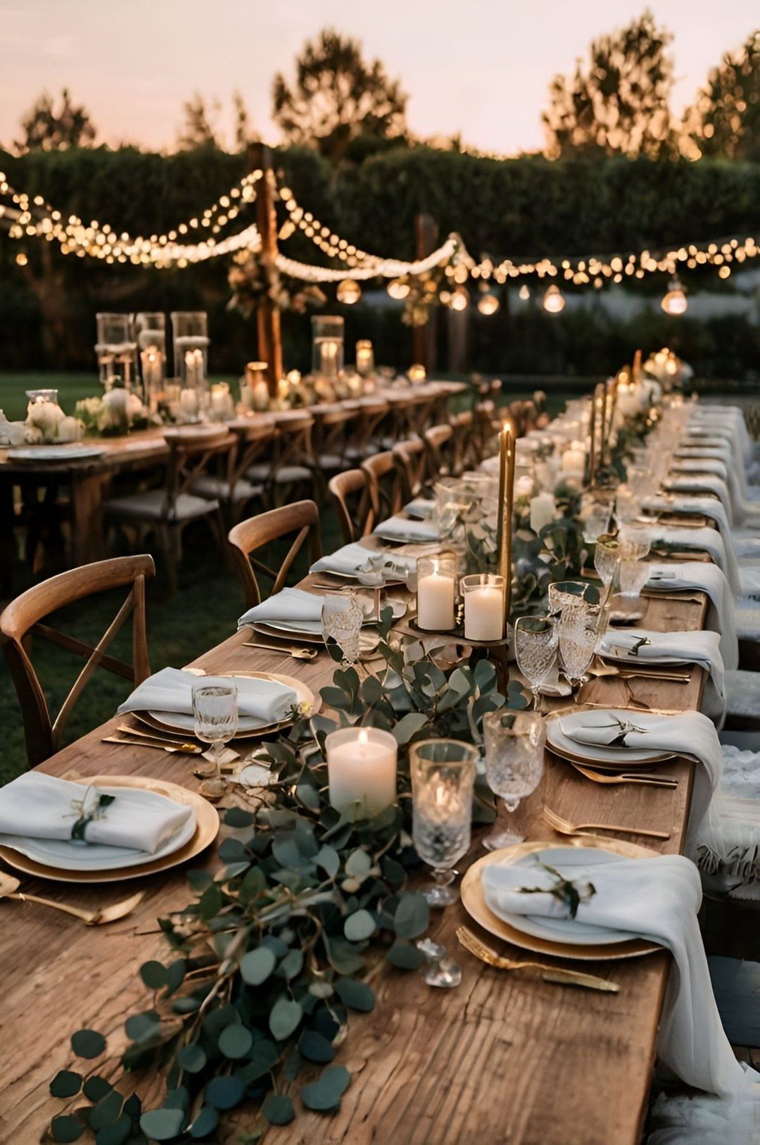 A long wooden wedding table decorated with eucalyptus greenery, white candles, gold cutlery, and elegant glassware.