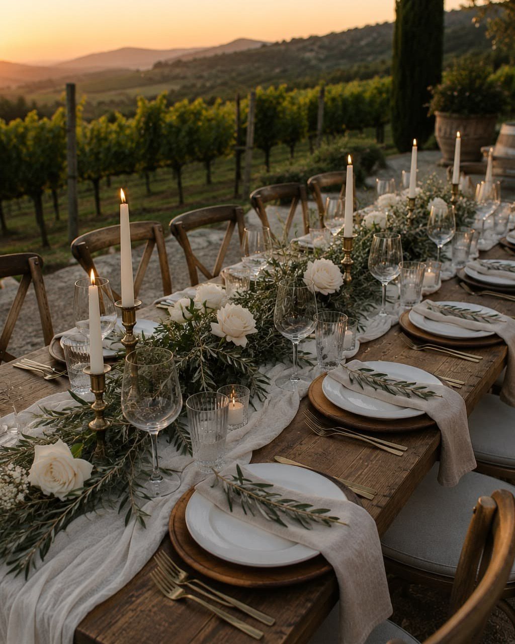 Long wooden dining table decorated with white roses, greenery, and taper candles in a vineyard.