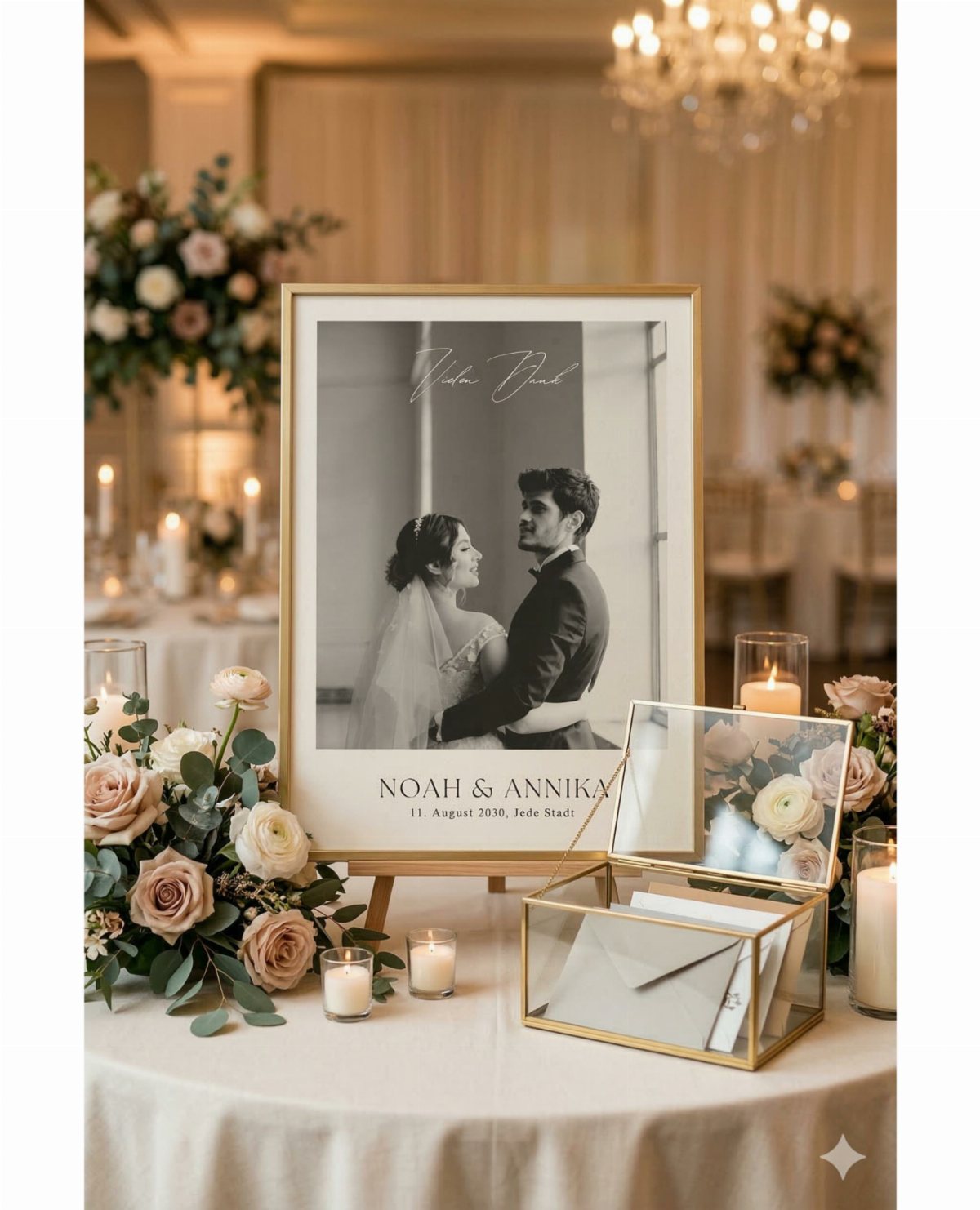 A framed wedding portrait and a gold gift box surrounded by roses and candles on a table.
