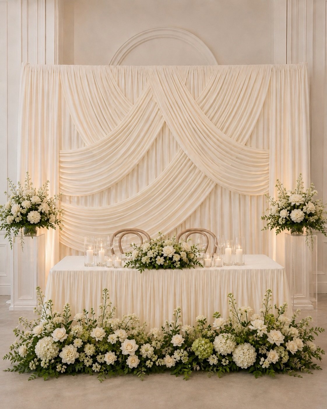 A cream sweetheart table decorated with lush white floral arrangements against a draped fabric backdrop.