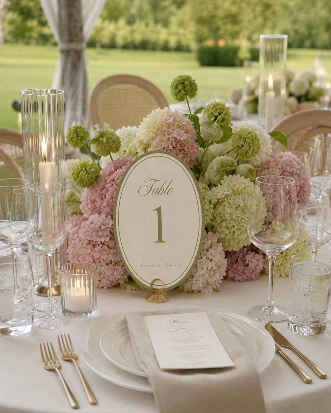 Floral centerpiece with a white oval table number sign reading Table 1 on a wedding table.