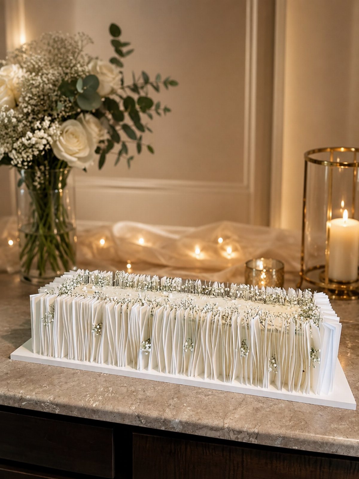 A rectangular white cake with pleated frosting and silver pearl accents on a marble surface.