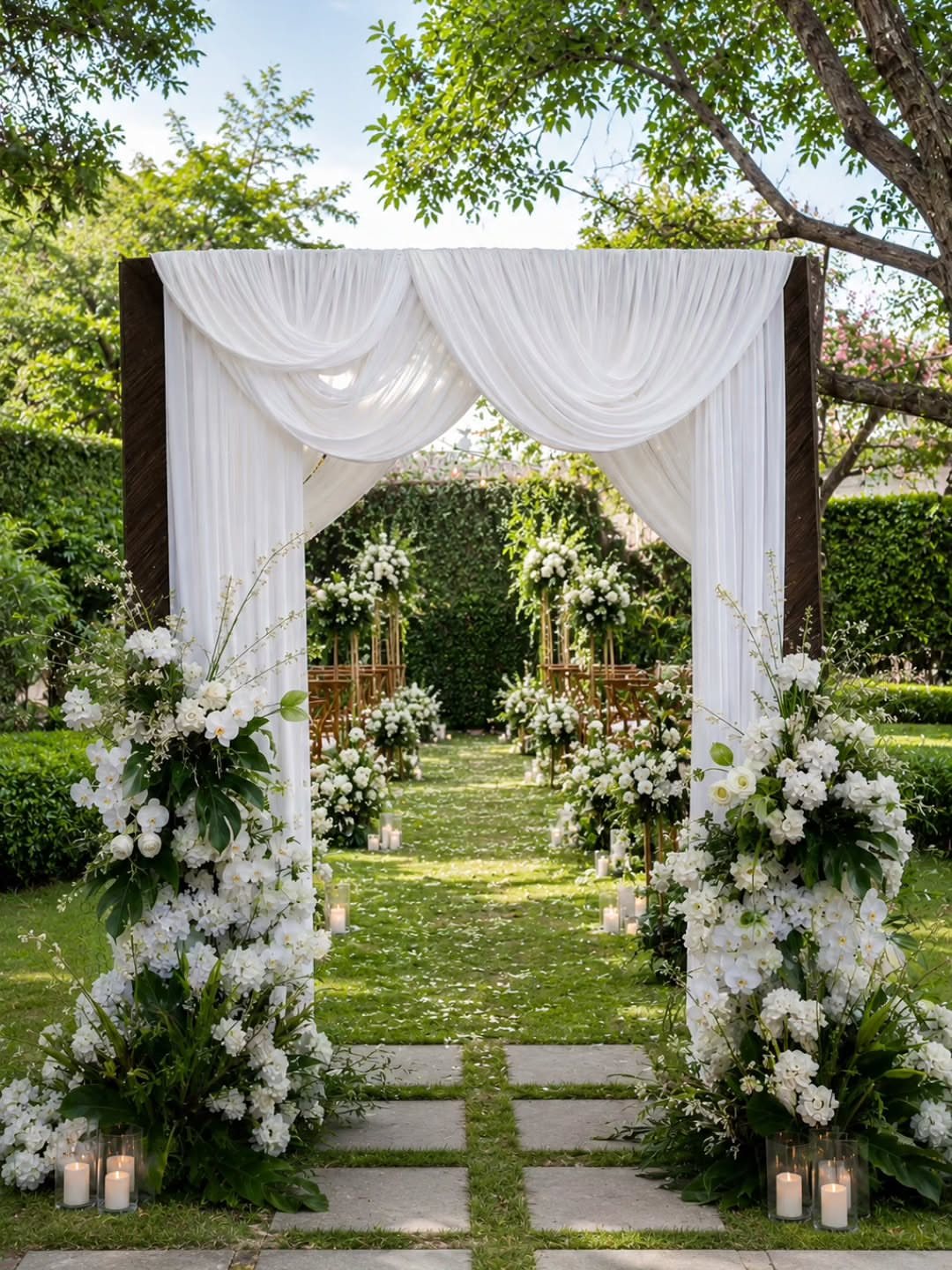 White fabric draped in swags over a wooden wedding arch with large white floral arrangements.