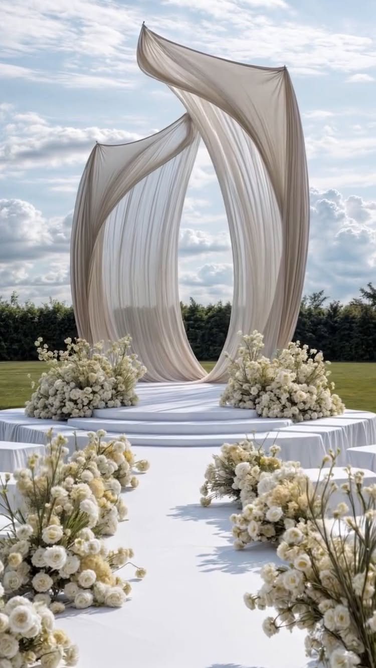 Sculptural beige fabric drapes forming a wedding arch surrounded by white flowers on a white platform.