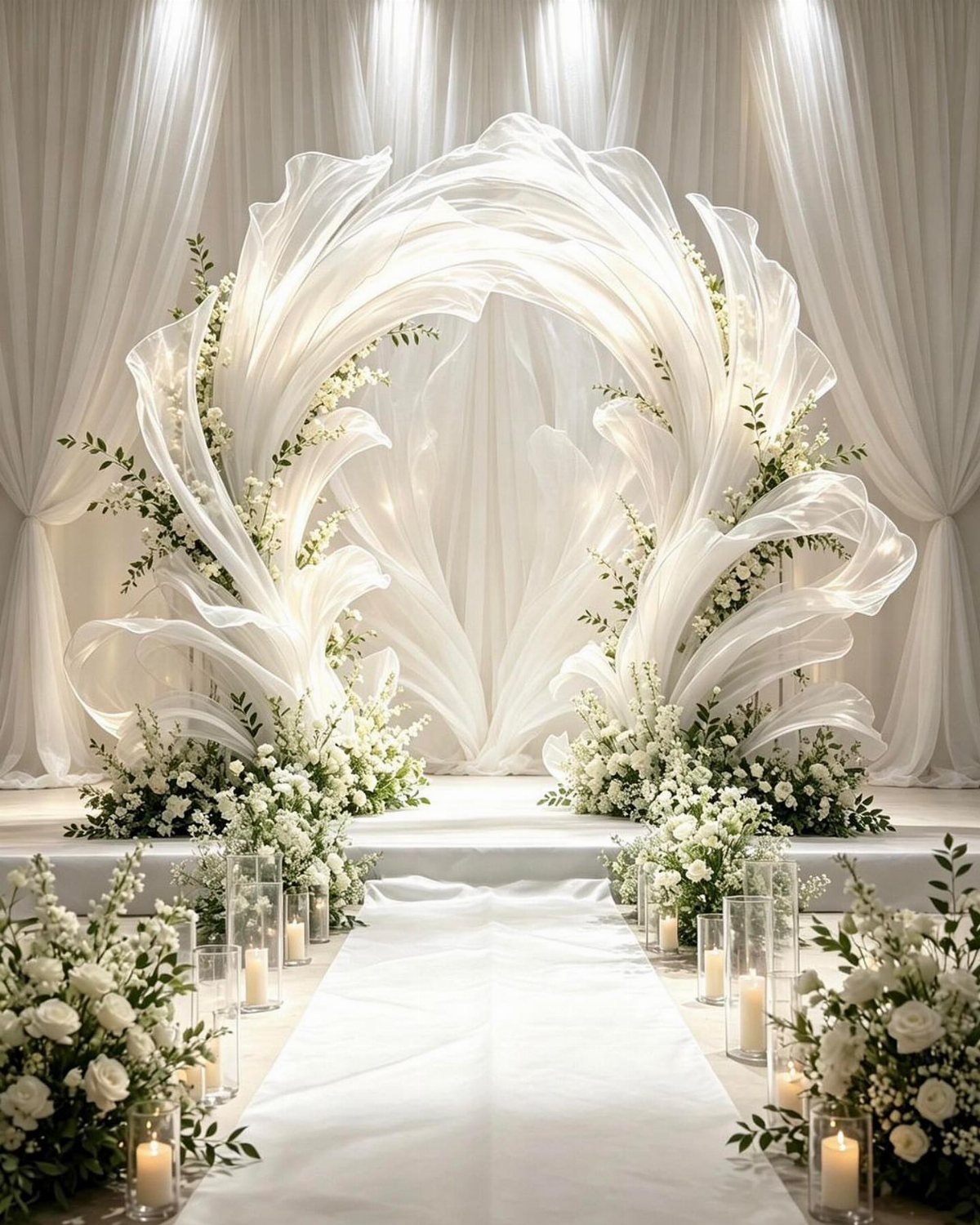A large circular wedding arch made of flowing white fabric and decorated with white flowers and greenery.