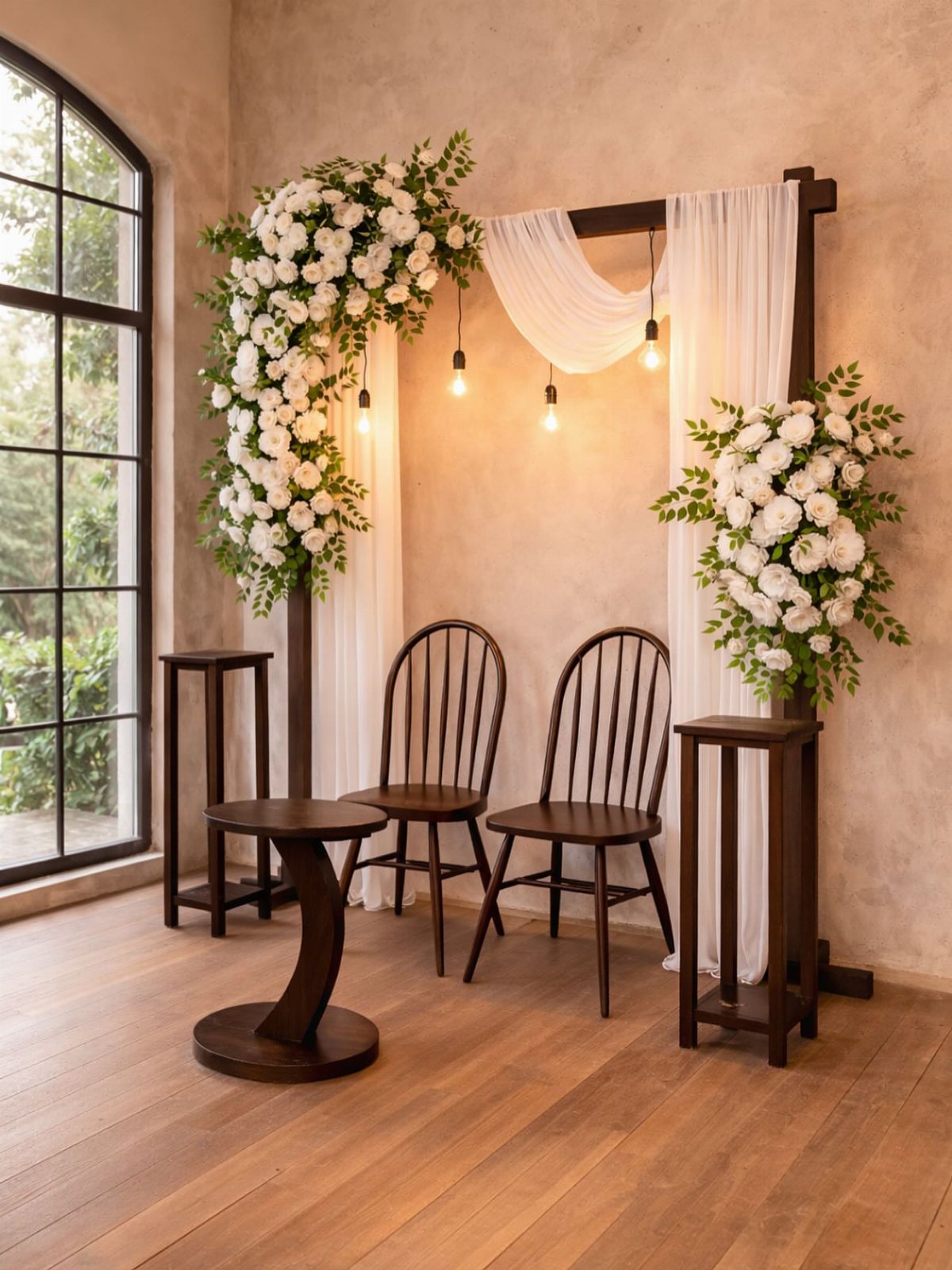 Dark wooden wedding arch decorated with white flowers, sheer fabric, and hanging light bulbs.