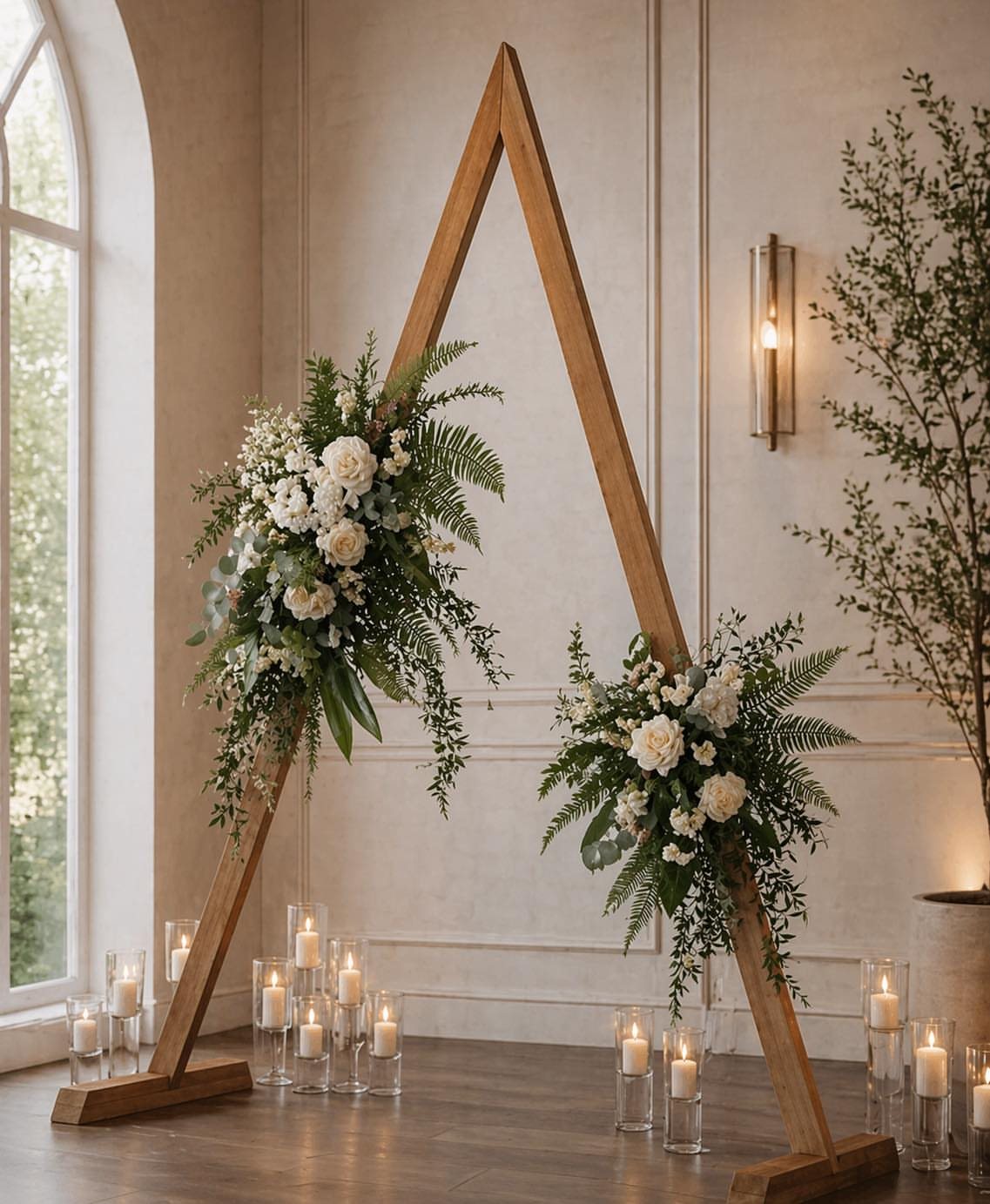 Wooden triangle wedding arch decorated with white flowers and greenery with candles on the floor.