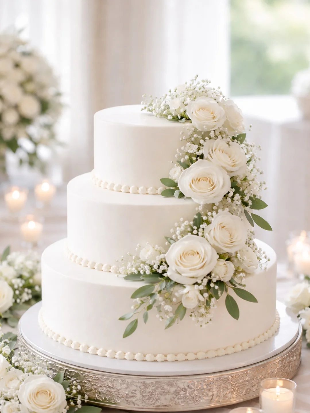 Three-tier white wedding cake decorated with white roses and greenery on a silver stand.