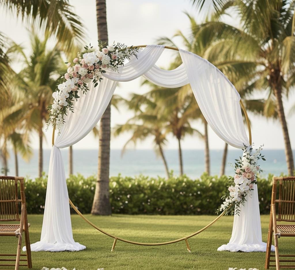 Gold circular wedding arch with white fabric and pink flowers on a tropical lawn.