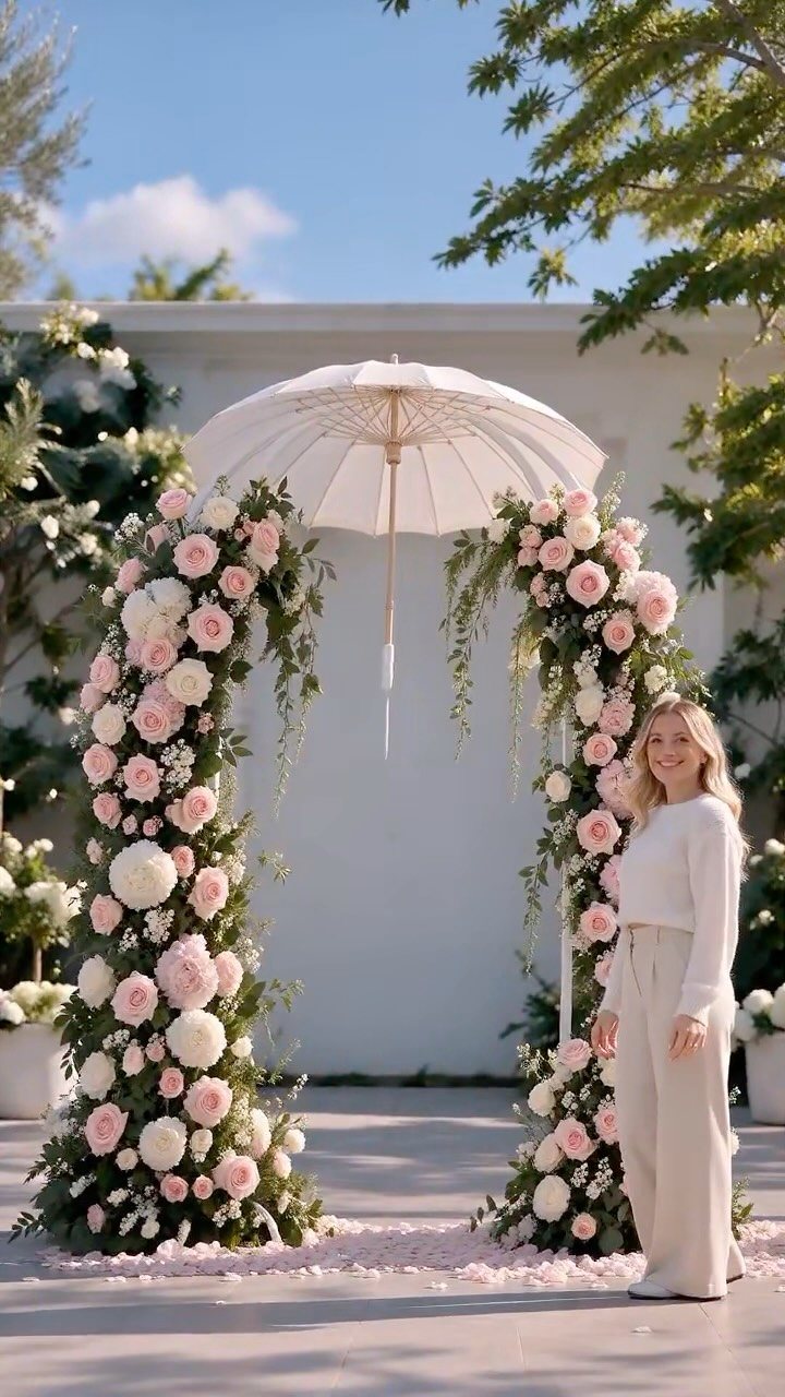 A white wedding arch decorated with pink and white roses and green leaves outdoors.