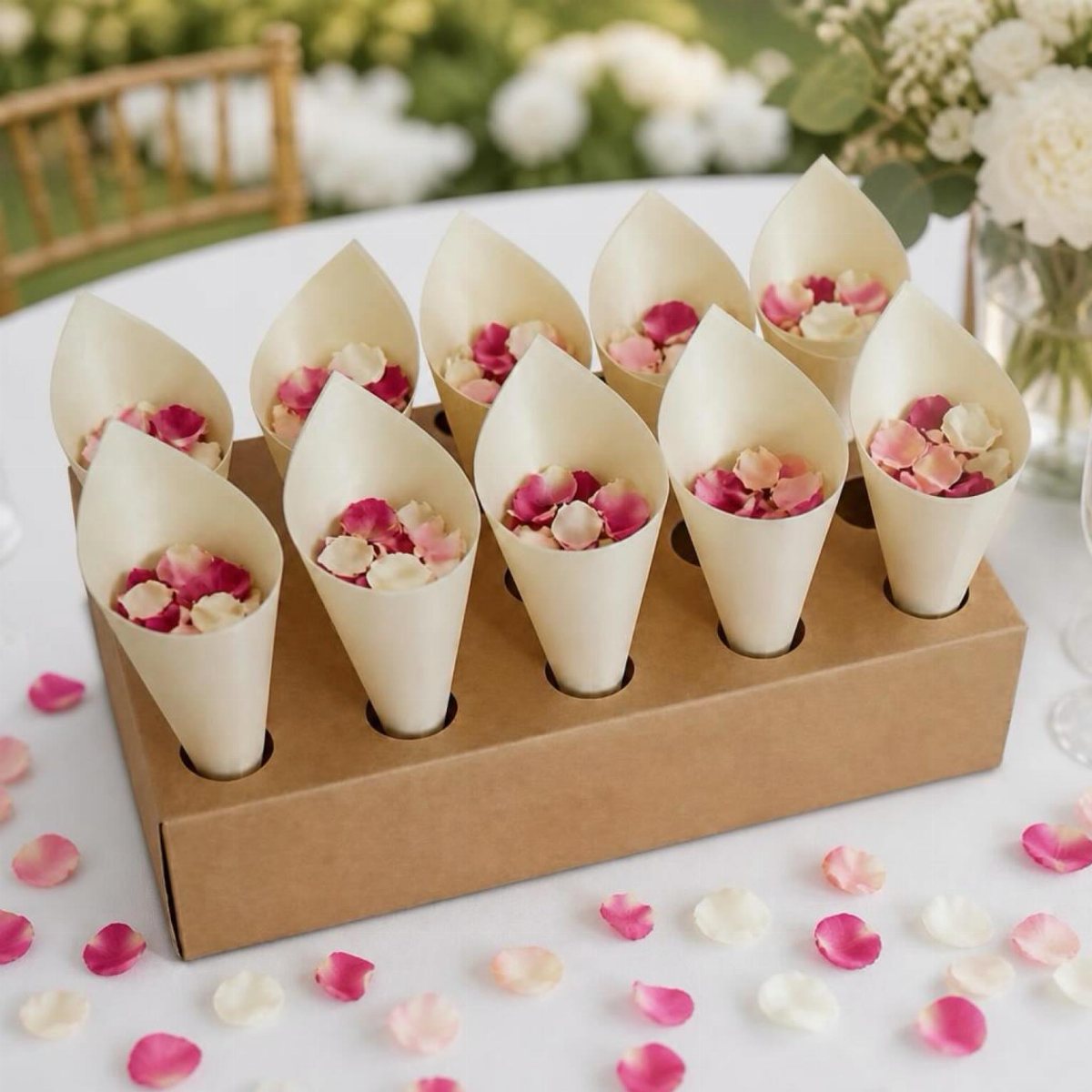 Paper cones filled with pink and white flower petals arranged in a cardboard holder on a table.