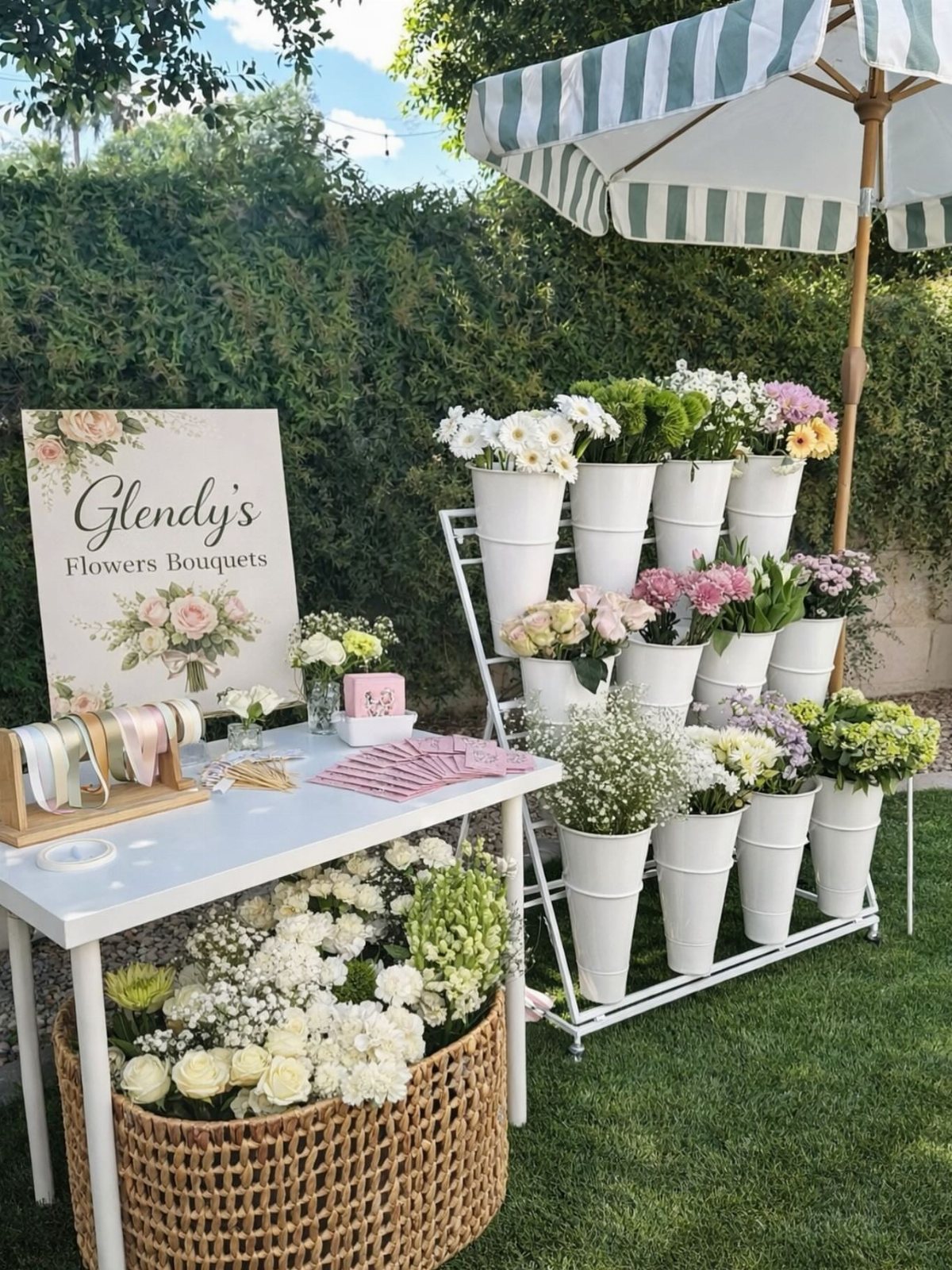 A flower bar setup with white buckets of fresh blooms and a sign on a white table.
