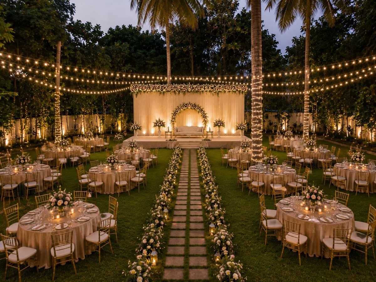 Outdoor wedding reception with round tables, floral aisle, and hanging fairy lights at dusk.
