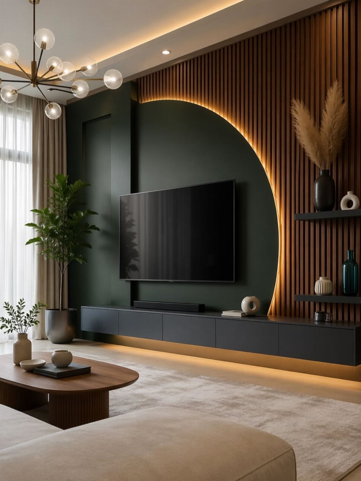 A modern entertainment wall with dark green paint, wooden slats, and a mounted television.