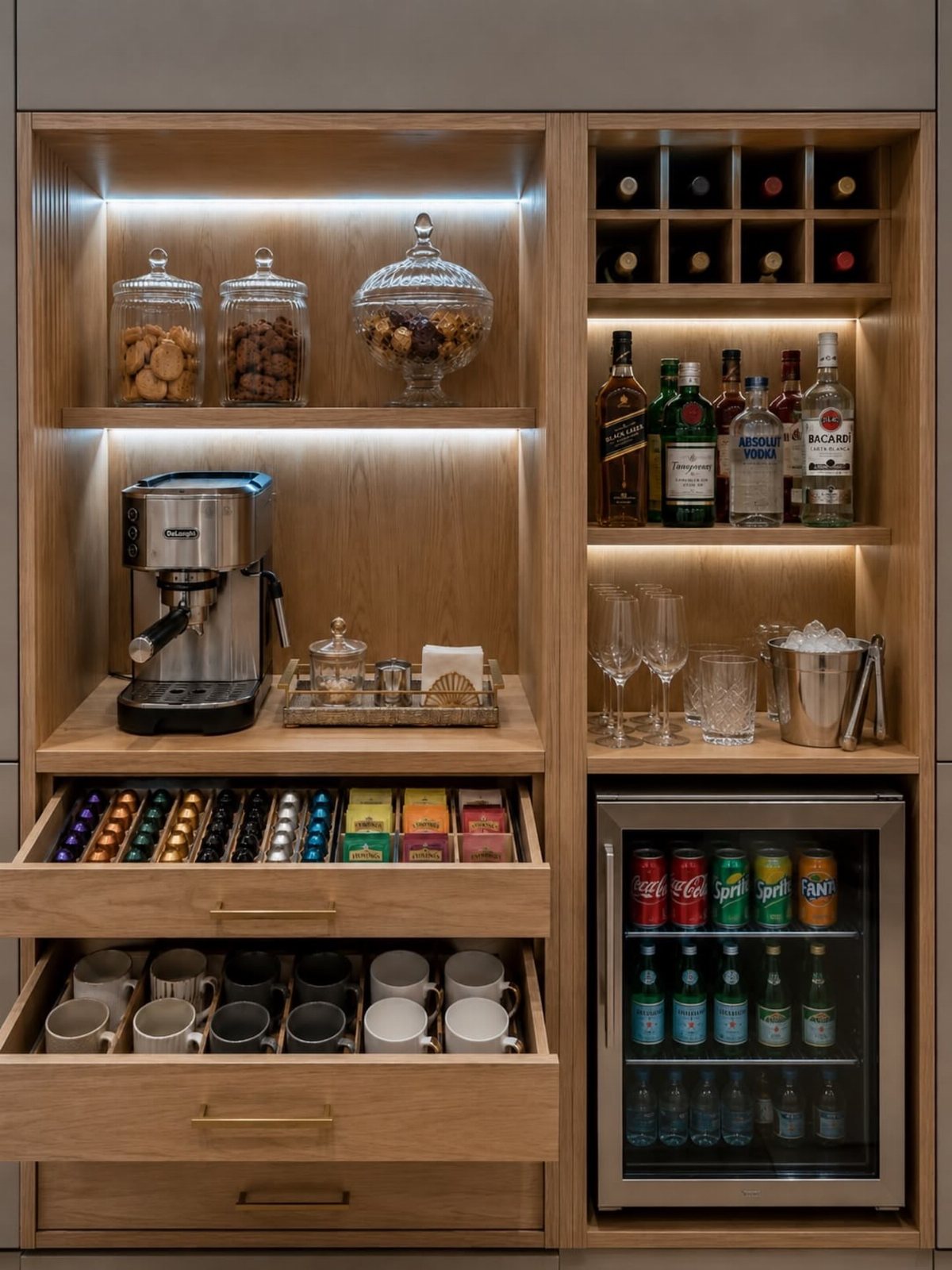 17 Basement Kitchenette Ideas That Maximize Every Square Foot 13 Wooden built-in beverage station with coffee machine, liquor bottles, glassware, and a small beverage refrigerator.
