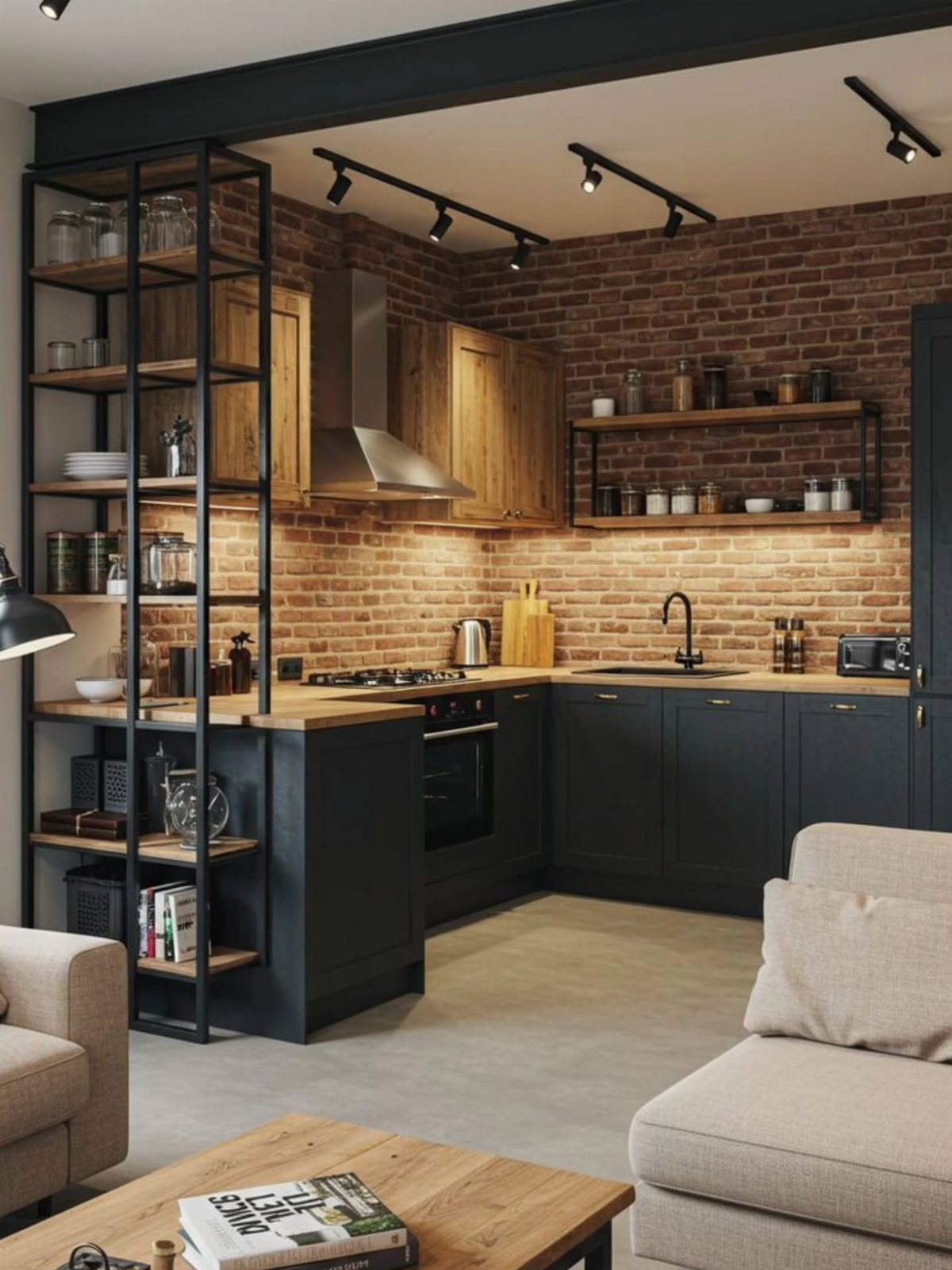17 Basement Kitchenette Ideas That Maximize Every Square Foot 14 Modern kitchenette with dark cabinets and wooden shelving against a rustic exposed brick wall.