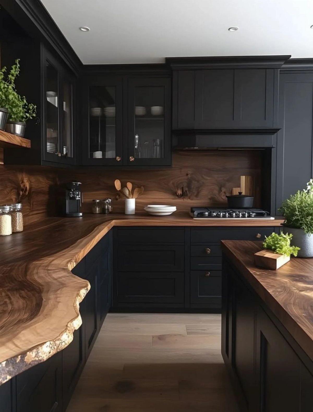 17 Basement Kitchenette Ideas That Maximize Every Square Foot 11 Dark black kitchen cabinets paired with a live-edge wooden countertop and backsplash.