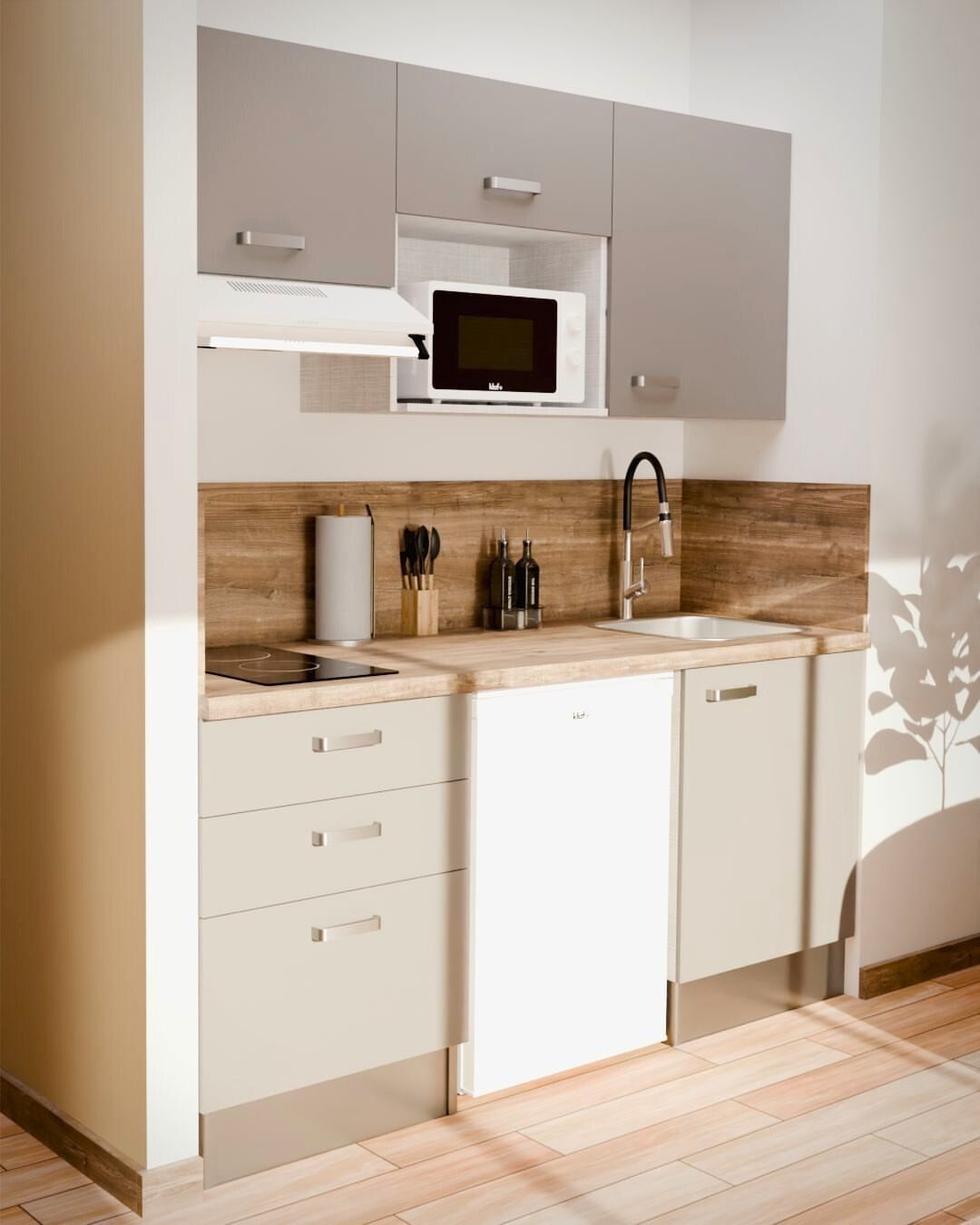 17 Basement Kitchenette Ideas That Maximize Every Square Foot 17 Small kitchenette with beige cabinets, wooden backsplash, white sink, and built-in microwave.