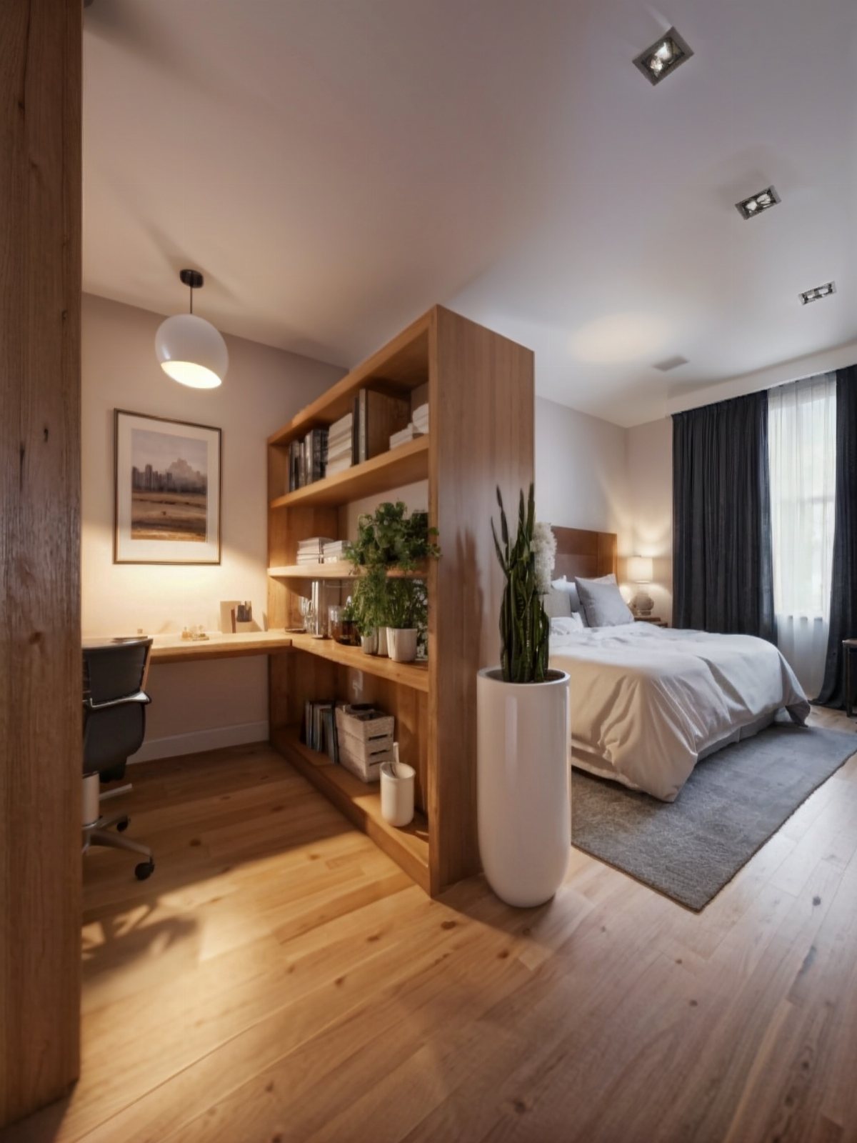 20 Bedroom Office Ideas for Small Spaces and Dual-Purpose Rooms 3 Wooden bookshelf room divider separating a small desk workspace from a cozy bedroom area.