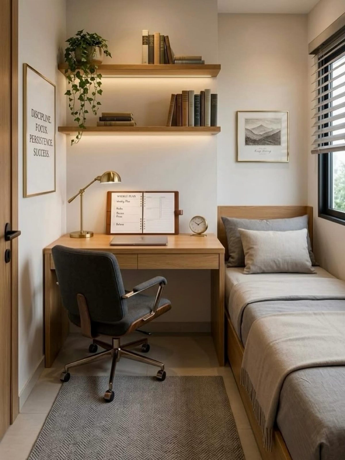 20 Bedroom Office Ideas for Small Spaces and Dual-Purpose Rooms 11 A light wood desk with a chair sits next to a bed in a small bedroom.