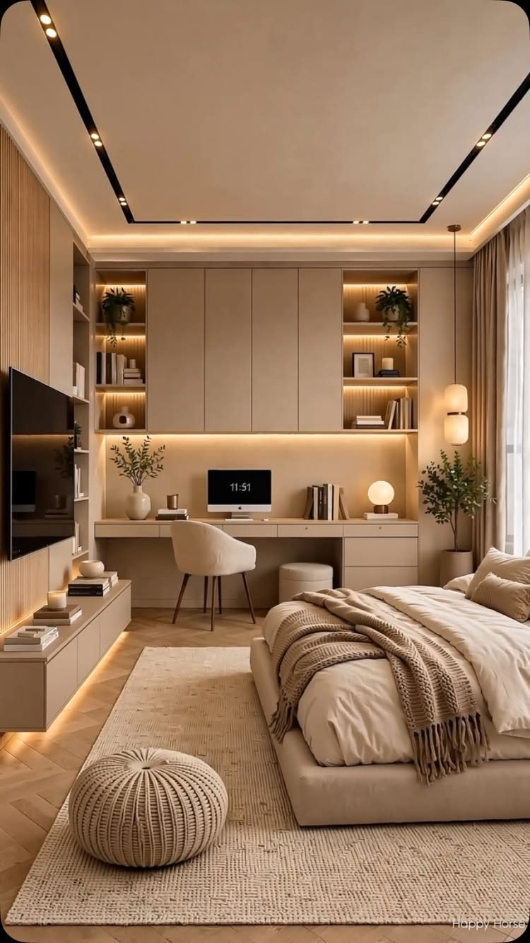 20 Bedroom Office Ideas for Small Spaces and Dual-Purpose Rooms 17 Modern bedroom with integrated LED lighting under built-in desk shelves and recessed ceiling lights.