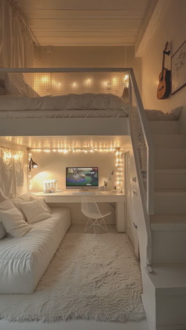 20 Bedroom Office Ideas for Small Spaces and Dual-Purpose Rooms 18 White loft bed setup with a desk, computer, sofa, and shaggy rug under warm lights.