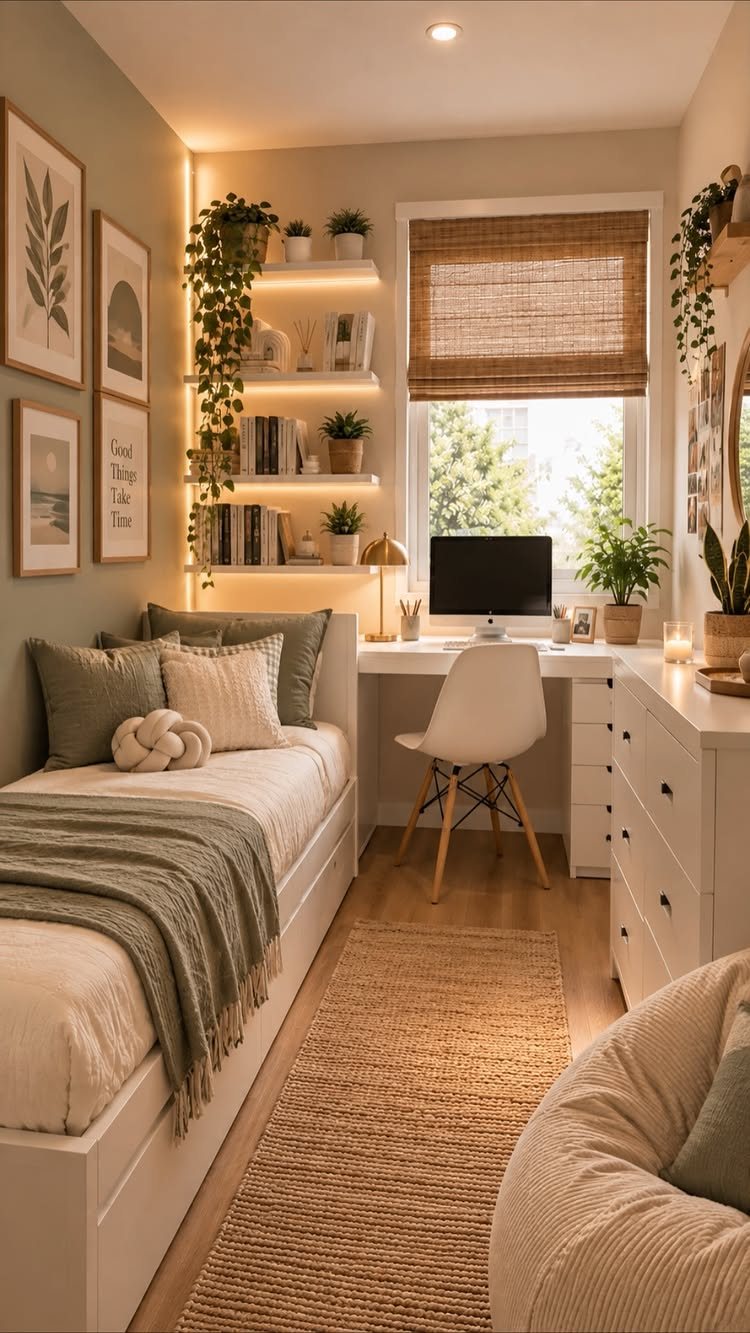 20 Bedroom Office Ideas for Small Spaces and Dual-Purpose Rooms 16 A small bedroom office with sage green bedding, white furniture, and warm lighting.