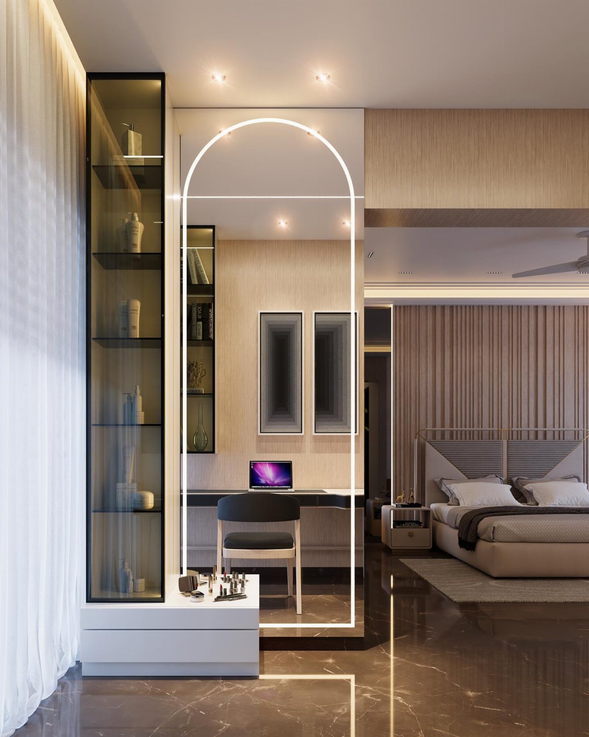 20 Bedroom Office Ideas for Small Spaces and Dual-Purpose Rooms 20 Modern bedroom interior featuring a large arched mirror above a desk and a tall glass display cabinet.